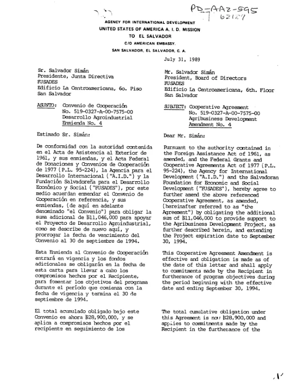 Grant agreement between AID and the Salvadoran Foundation for Economic and Social Development (FUSADES) for the agribusiness development project amendment no. 4