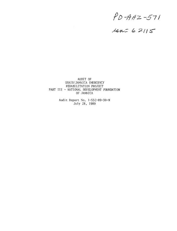 Audit of USAID/Jamaica emergency rehabilitation project, part III -- National Development Foundation of Jamaica
