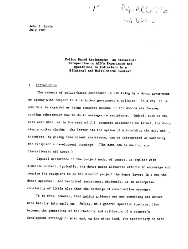 Policy based assistance : an historical perspective on AID"s experience and operations in India/Asia in a bilateral and multilateral context