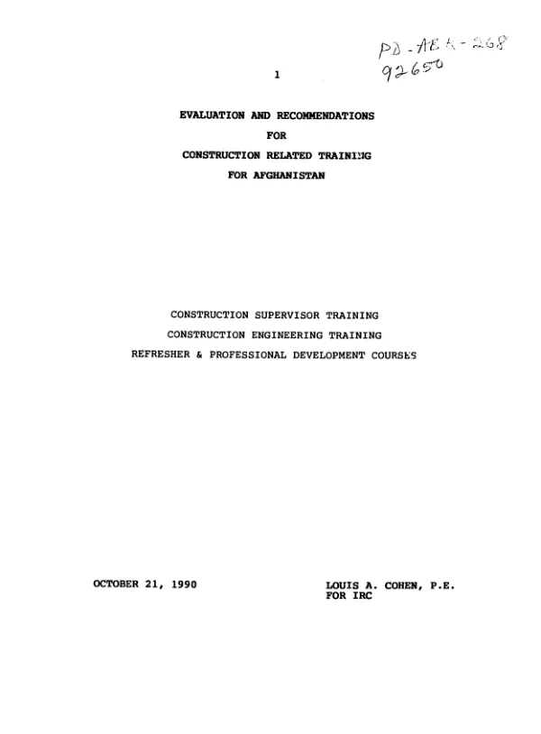 Evaluation and recommendations for construction related training for Afghanistan