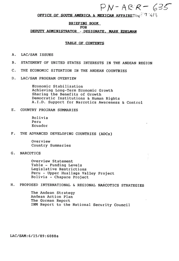 Office of South America and Mexican Affairs : briefing book for Deputy Administrator - designate, Mark Edelman