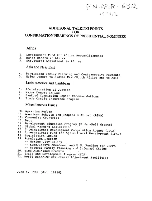 Additional talking points for confirmation hearings of Presidential nominees