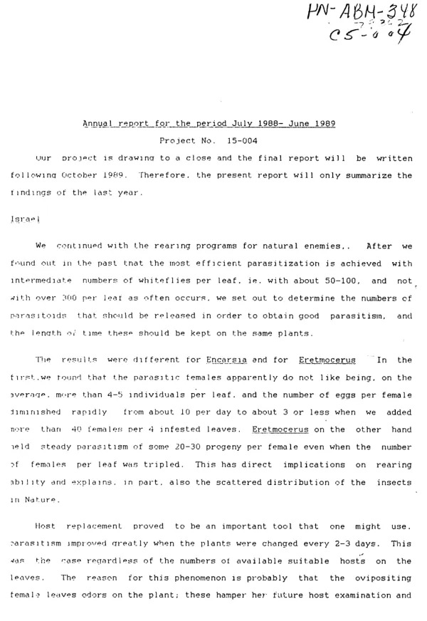 Annual report for the period July 1988-June 1989 : [agreement between AID and Tel Aviv University on development of integrated management methods]