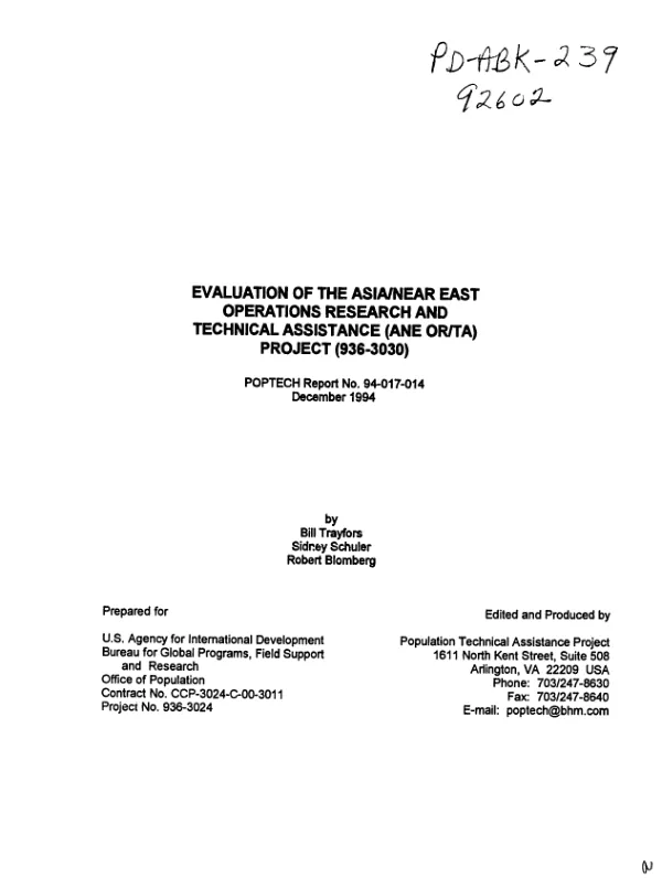 Evaluation of the Asia/Near East operations research and technical assistance (ANE OR/TA), project (936-3030)