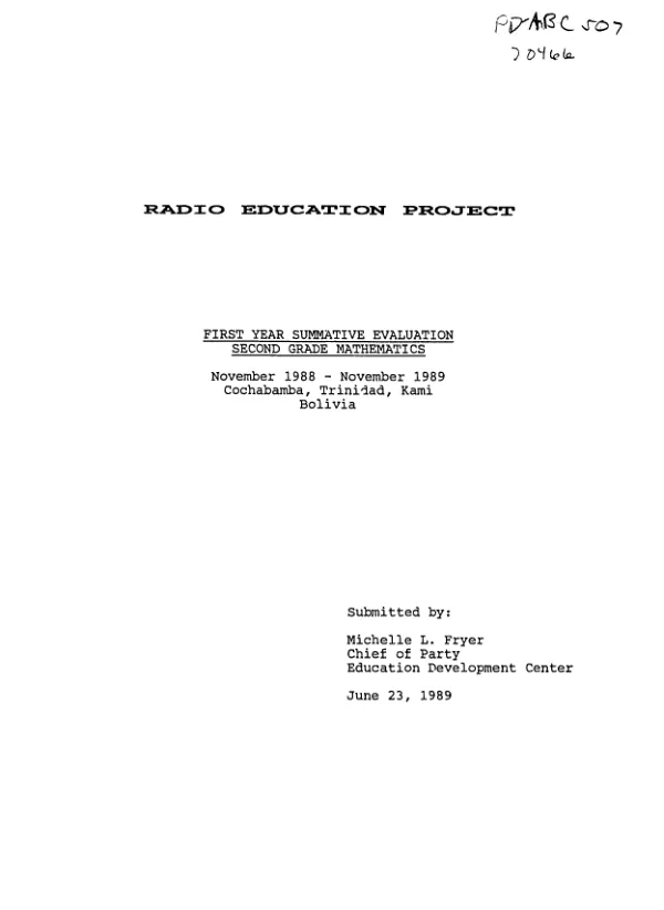 Radio education project : first year summative evaluation, second grade mathematics -- November 1988-November 1989, Cochabamba, Trinidad, Kami Bolivia