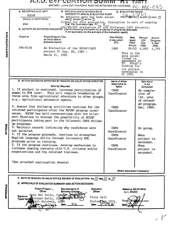 Evaluation of the ROCAP/CAPS project, FY Sep. 30, 1985-March 31, 1985 [i.e. 1988]