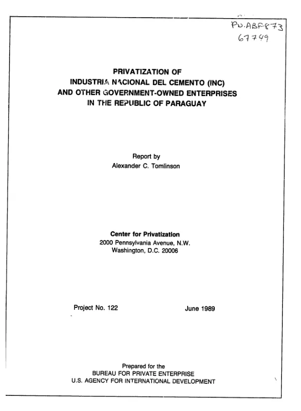 Privatization of Industria Nacional del Cemento (INC) and other government-owned enterprises in the Republic of Paraguay