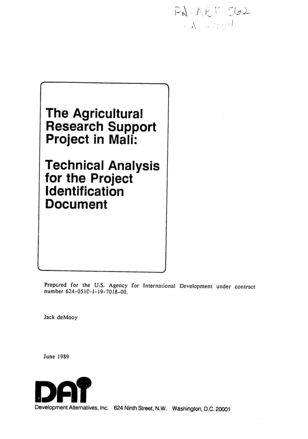 Agricultural research support project in Mali : technical analysis for the project identification document