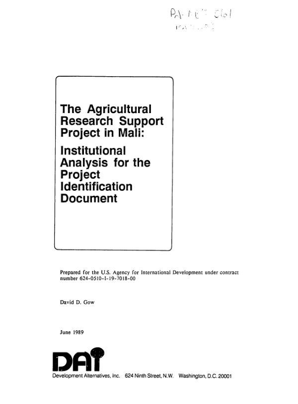 Agricultural research support project in Mali : institutional analysis for the project identification document
