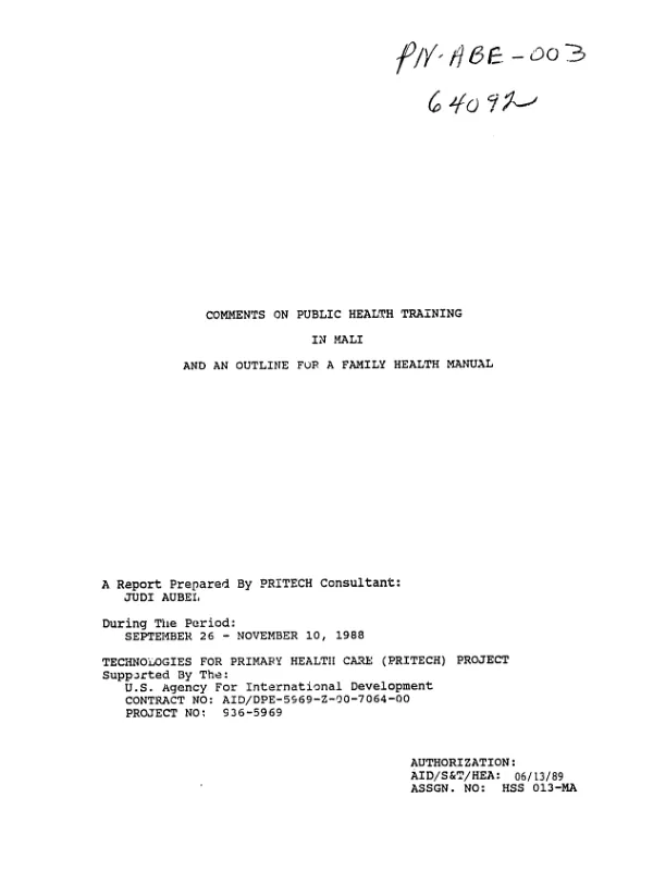 Comments on public health training in Mali and an outline for a family health manual