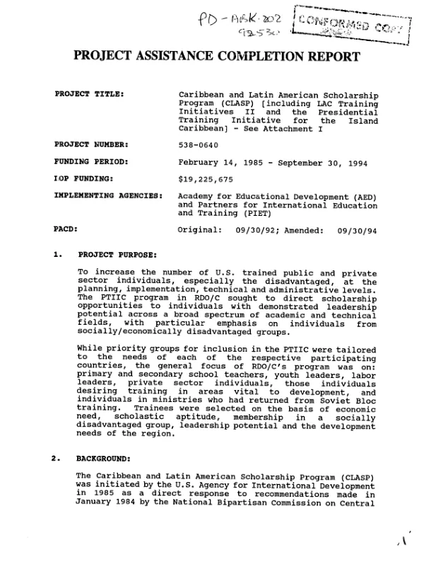 Project assistance completion report : Caribbean and Latin American scholarship program (CLASP) [including LAC training initiatives II and the Presidential training initiative for the island Caribbean]