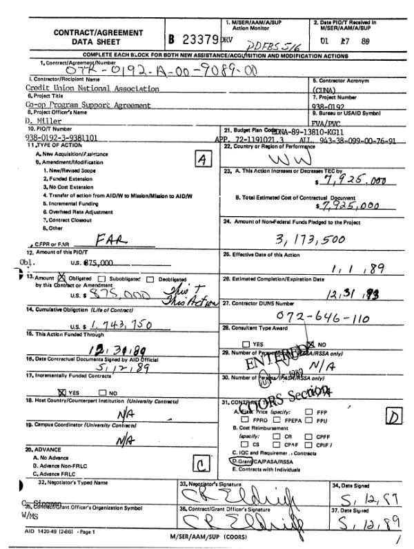 AID cooperative agreement no. OTR-0192-A-00-9089-00 to the Credit Union National Association to enhance development of the international credit union system