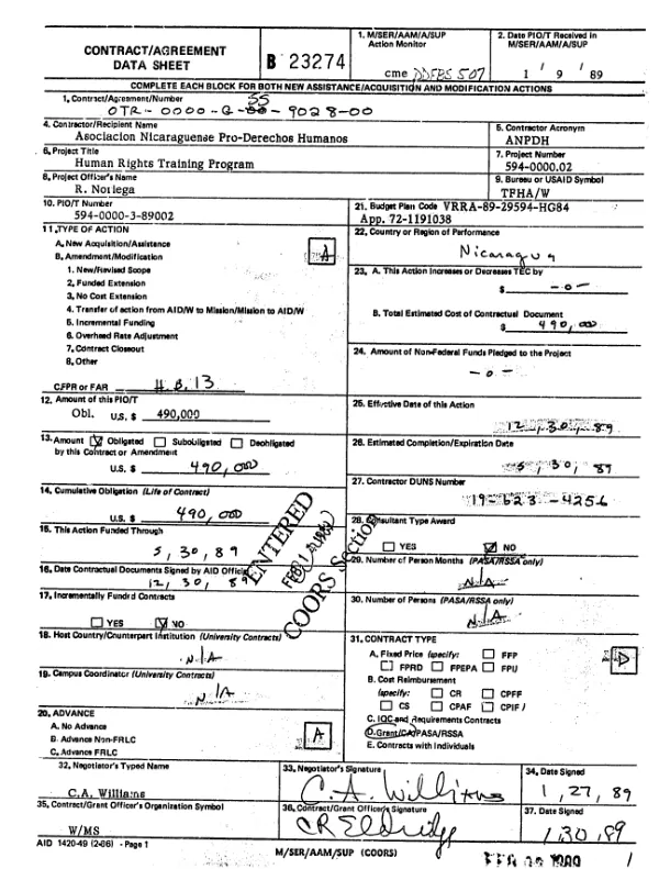 AID cooperative agreement no. OTR-0000-G-00-9028-00 to Asociacion Nicaraguense Pro-Derechos Humanos to provide support for ANPDH"s human rights training program
