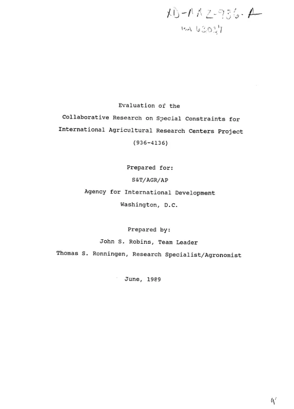 Evaluation of the collaborative research on special constraints for international agricultural research centers project
