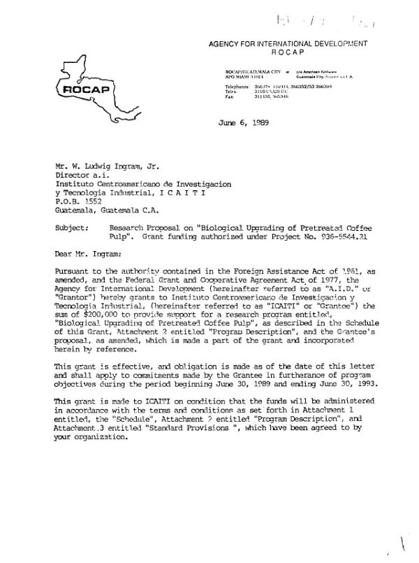 Research proposal on biological upgrading of pretreated coffee pulp -- grant to Instituto Centroamericano de Investigacion y Tecnologia Industrial (ICAITI)