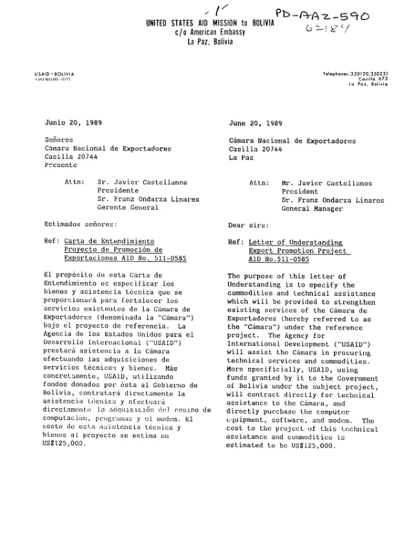 Letter of understanding export promotion project, AID 511-0585
