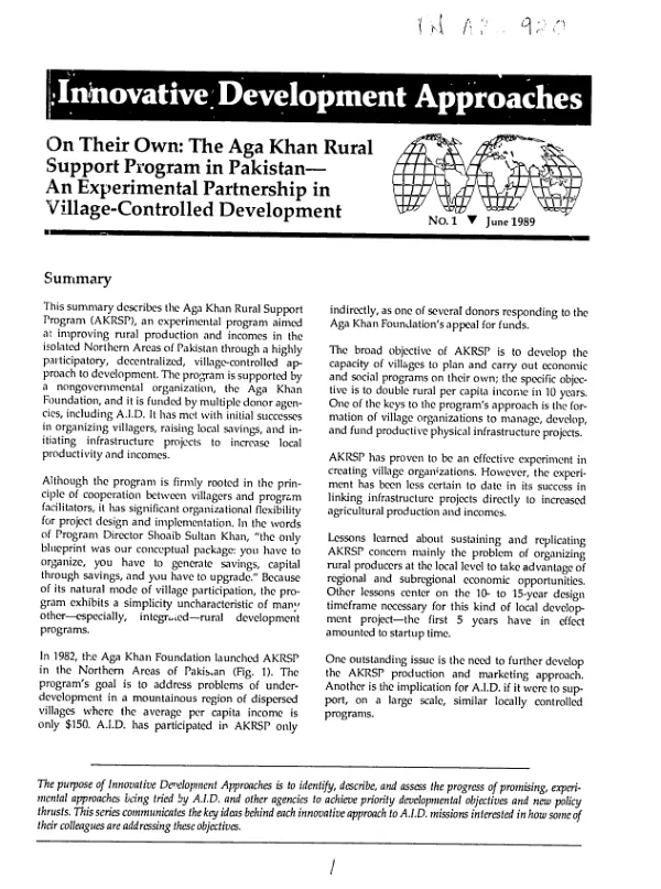 On their own : the Aga Khan rural support program in Pakistan -- an experimental partnership in village - controlled development -- summary