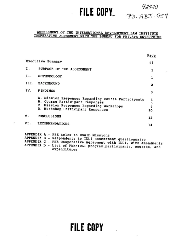 Assessment of the International Development Law Institute cooperative agreement with the Bureau for Private Enterprise