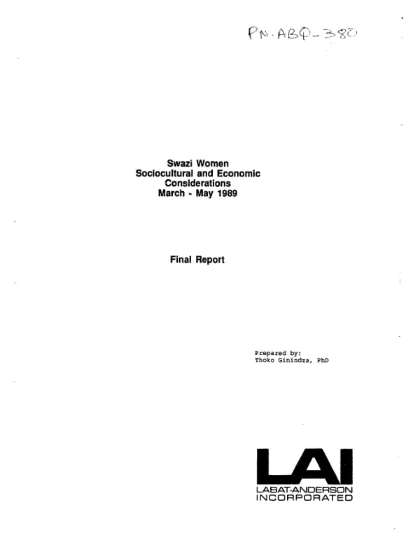 Swazi women : sociocultural and economic considerations, March-May 1989