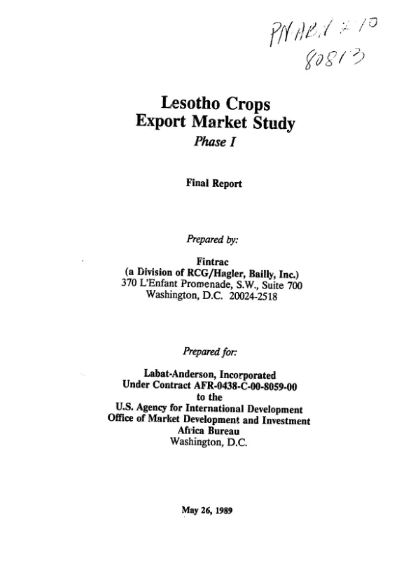 Lesotho crops export market study, phase I