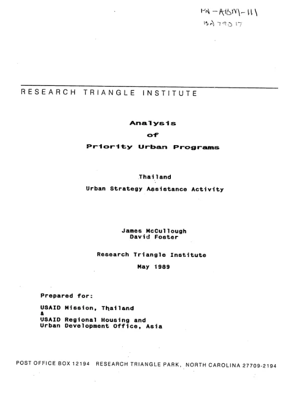 Analysis of priority urban programs : Thailand urban strategy assistance activity