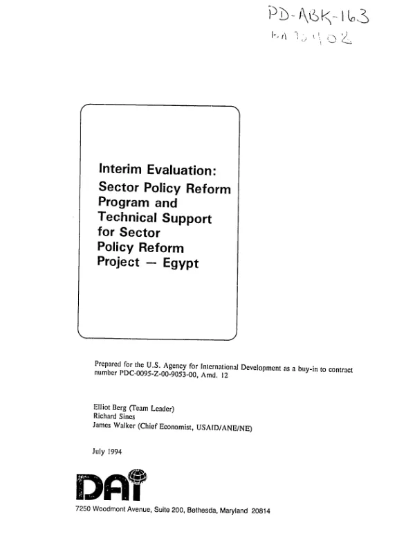 Interim evaluation : sector policy reform program and technical support for sector policy reform project -- Egypt