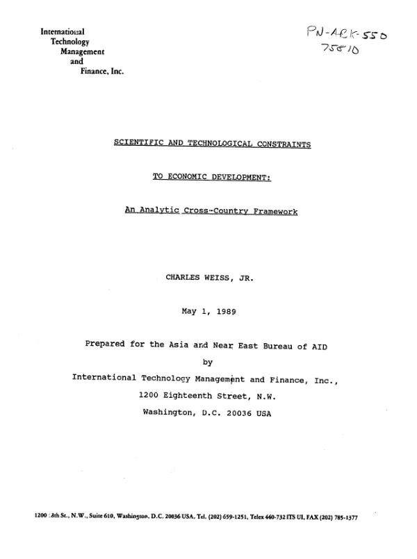 Scientific and technological constraints to economic development : an analytic cross-country framework [-- volume II, main report]