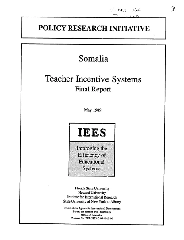 Policy research initiative : Somalia -- teacher incentive systems -- final report