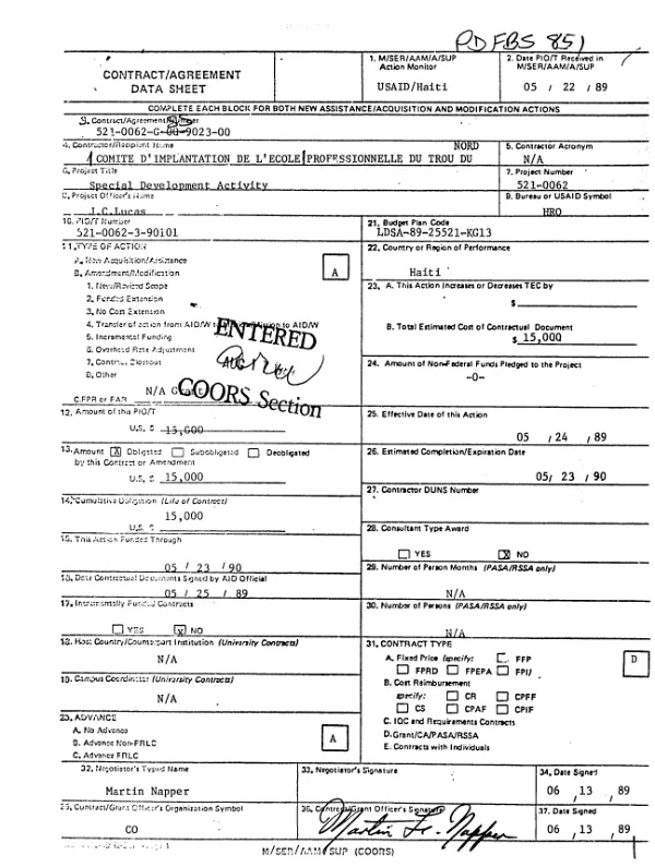 AID grant no. 521-0062-G-SS-9023-00 to the Comite d"Implantation de l"Ecole Professionnelle du Trou du Nord for construction of a vocational school