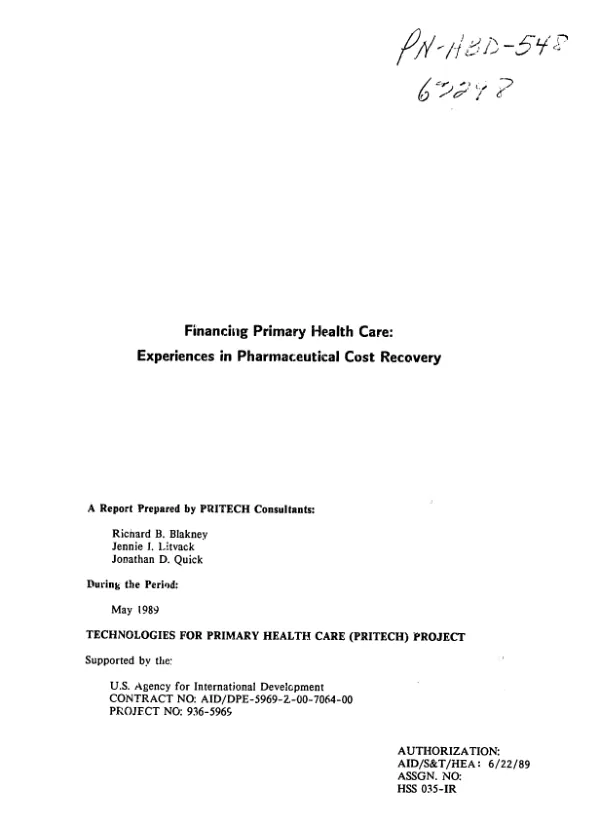 Financing primary health care : experiences in pharmaceutical cost recovery