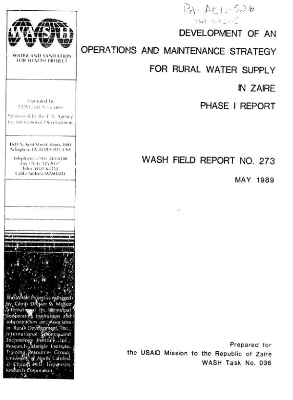 Development of an operations and maintenance strategy for rural water supply in Zaire : phase I report