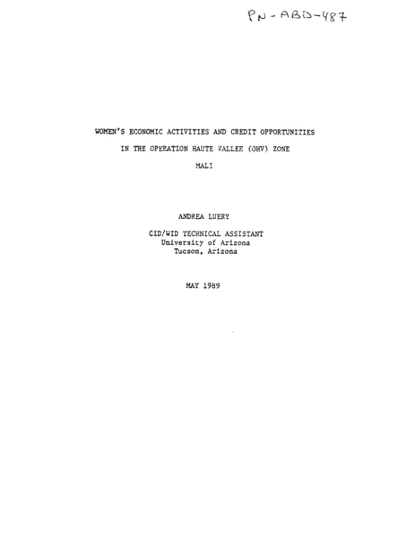 Women"s economic activities and credit opportunities in the operation Haute Vallee (OHV) zone, Mali