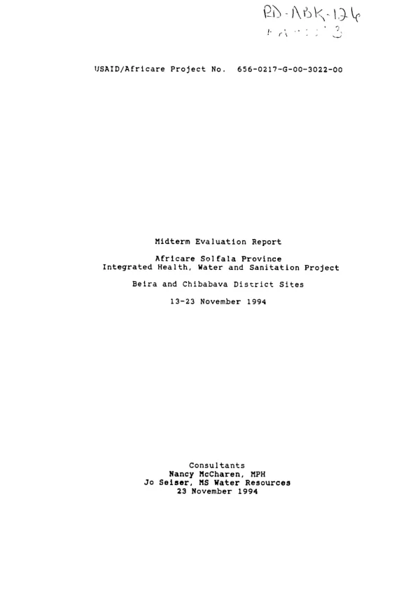 Midterm evaluation report : Africare Solfala [i.e. Sofala] Province integrated health, water and sanitation project -- Beira and Chibabava District sites, 13-23 November 1994
