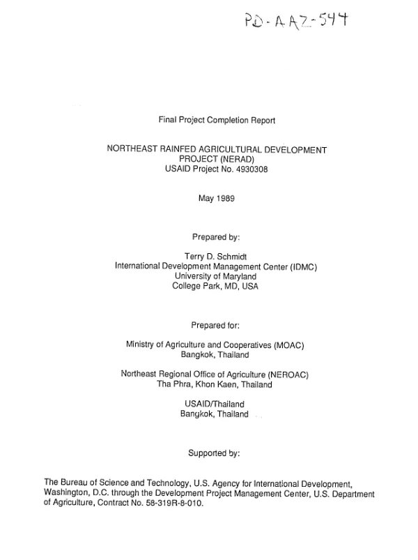 Final project completion report : Northeast rainfed agricultural development project (NERAD), USAID project no. 4930308
