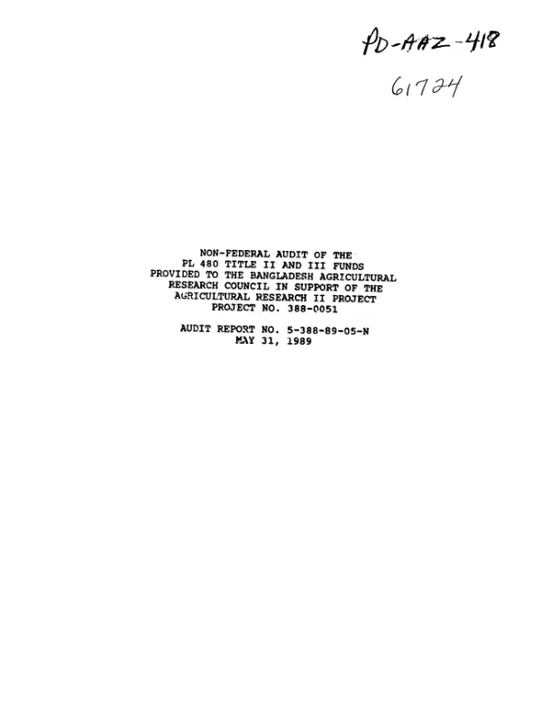 Non-federal audit of the PL-480 Title II and III funds provided to the Bangladesh Agricultural Research Council in support of the agricultural research II project, project no. 388-0051