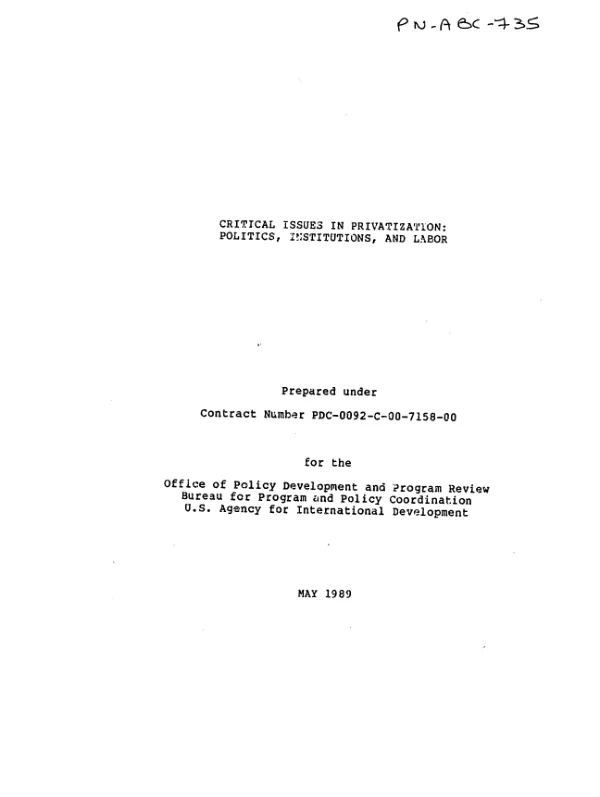 Critical issues in privatization : politics, institutions, and labor