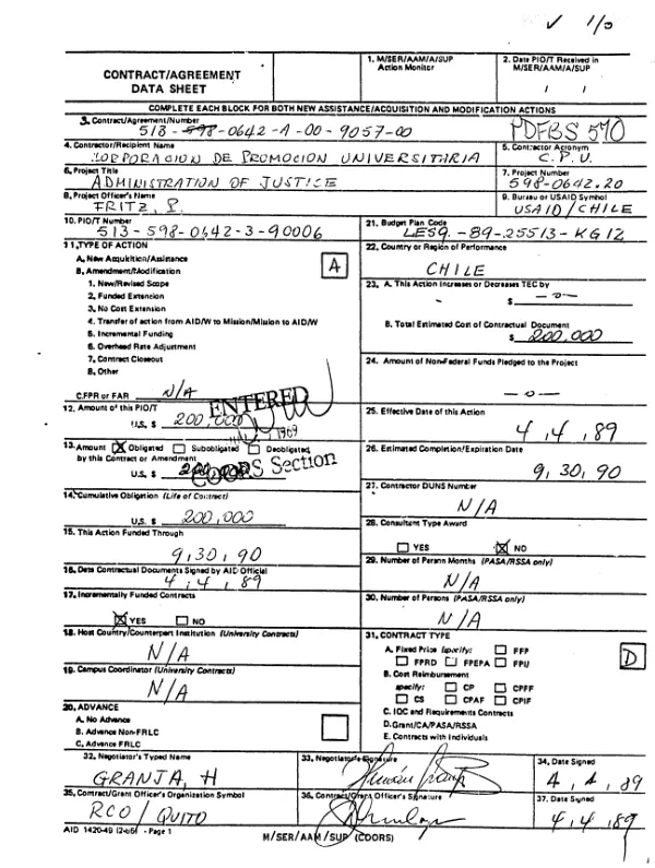 AID cooperative agreement no. 513-0642-A-00-9057-00 with the Corporacion de Promocion Universitaria for the administration of justice program in Chile