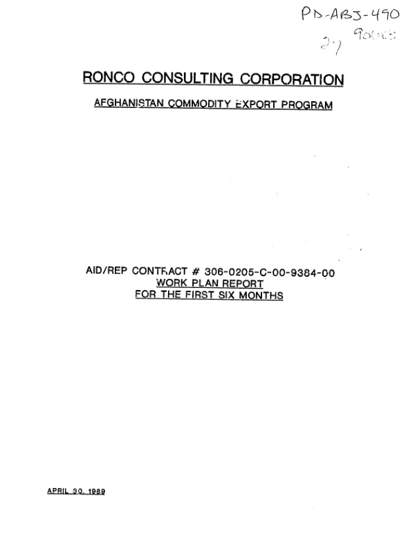 Ronco Consulting Corporation : Afghanistan commodity export program -- AID/Rep contract no. 306-0205-C-00-9384-00 : work plan report for the first six months