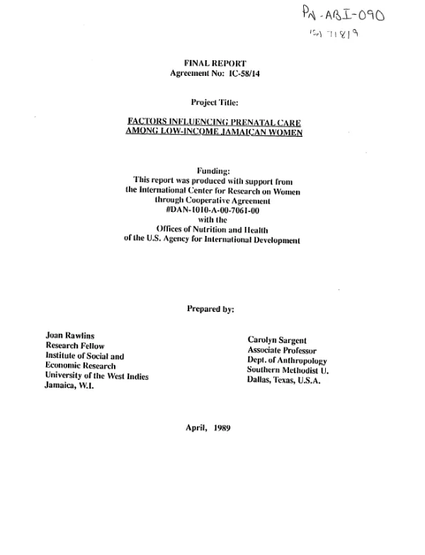 Final report : factors influencing prenatal care among low-income Jamaican women