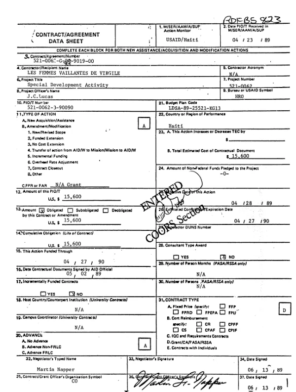 AID grant no. 521-0062-G-SS-9019-00 to Les Femmes Vaillantes de Virgile for construction of a primary school