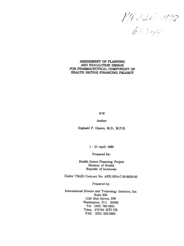 Assessment of planning and evaluation design for pharmaceutical component of health sector financing project