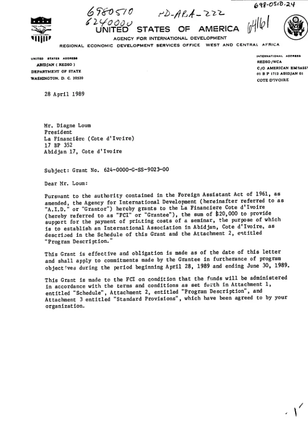 AID grant no. 634-0000-G-SS-9023-00 to La Financiere Cote d"Ivoire to pay for printing costs associated with a seminar