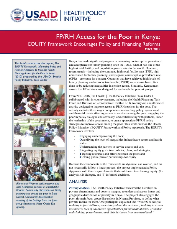FP/RH access for the poor in Kenya : EQUITY framework encourages policy and financing reforms