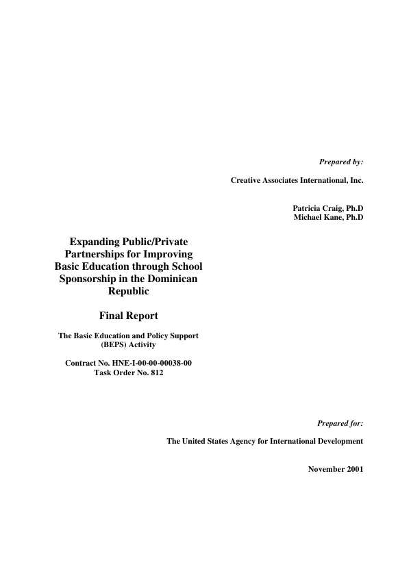 Expanding public/private partnerships for improving basic education through school sponsorship in the Dominican Republic : final report [draft]
