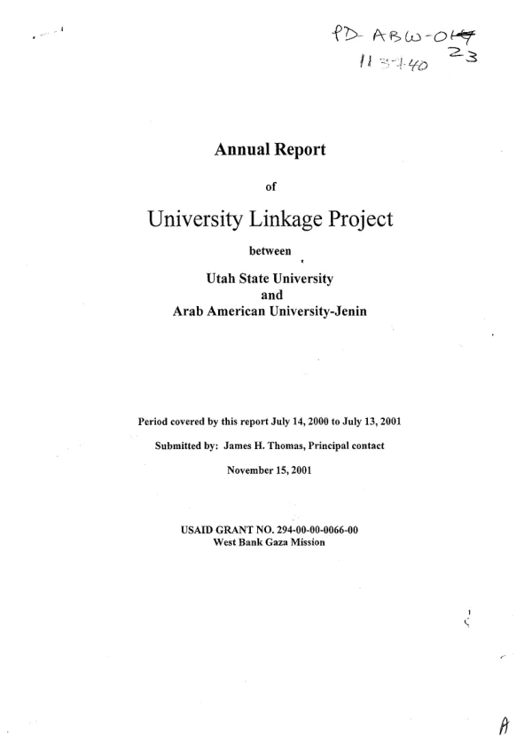 Annual report of university linkage project between Utah State University and Arab American University-Jenin : July 14, 2000 to July 13, 2001