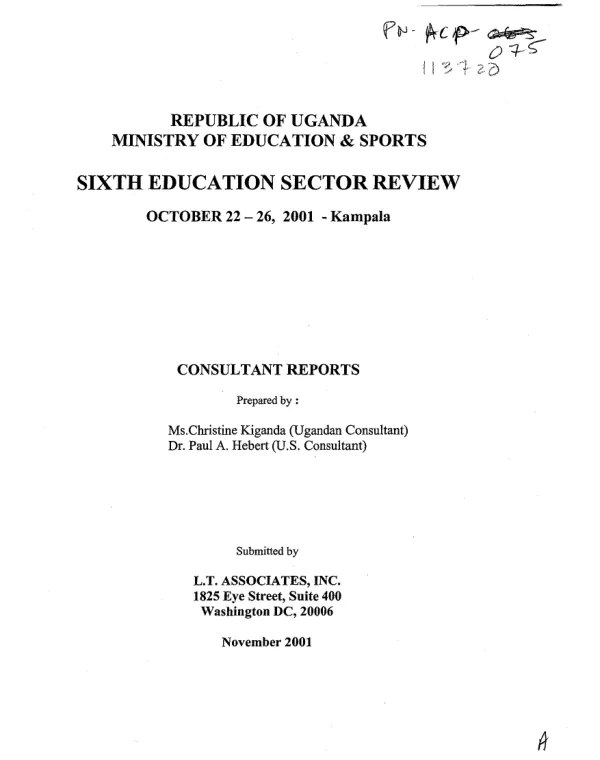 Republic of Uganda, Ministry of Education and Sports : sixth education sector review
