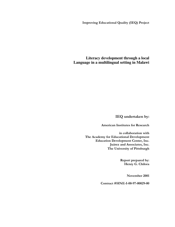Improving educational quality (IEQ) project : literacy development through a local language in a multilingual setting in Malawi