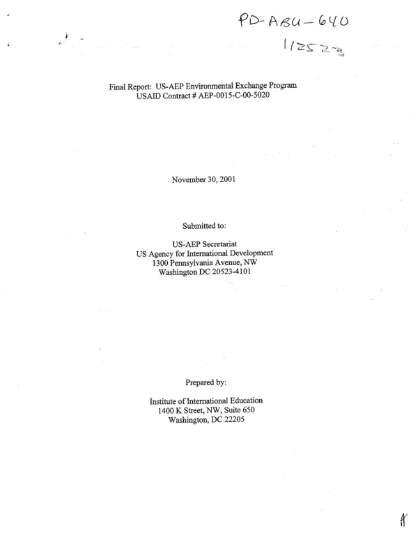 Final report : US-AEP environmental exchange program -- USAID contract # AEP-0015-C-00-5020[-00]