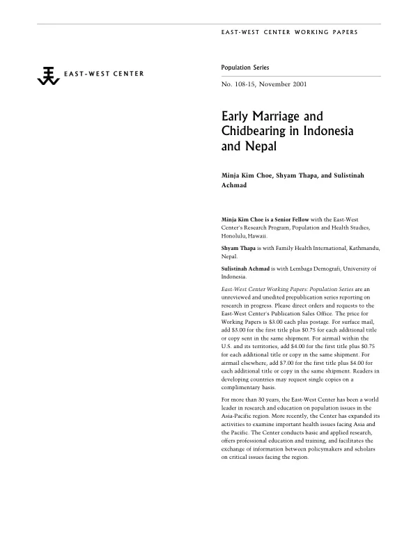 Early marriage and chidbearing [i.e. childbearing] in Indonesia and Nepal