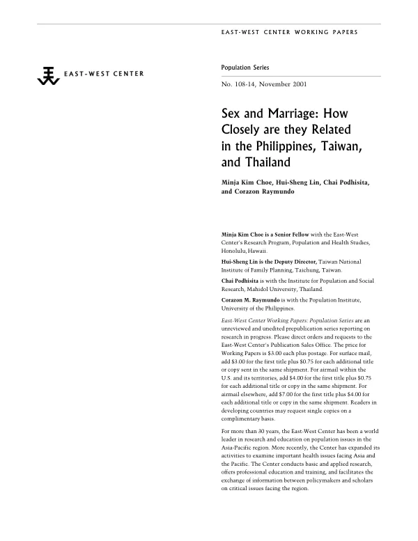 Sex and marriage : how closely are they related in the Philippines, Taiwan, and Thailand